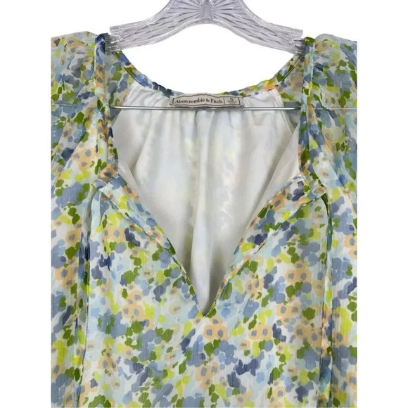A&F Floral Sheer Tunic Blouse Small Multicolor Puff Short Sleeve Tie Front Lined - Picture 5 of 6